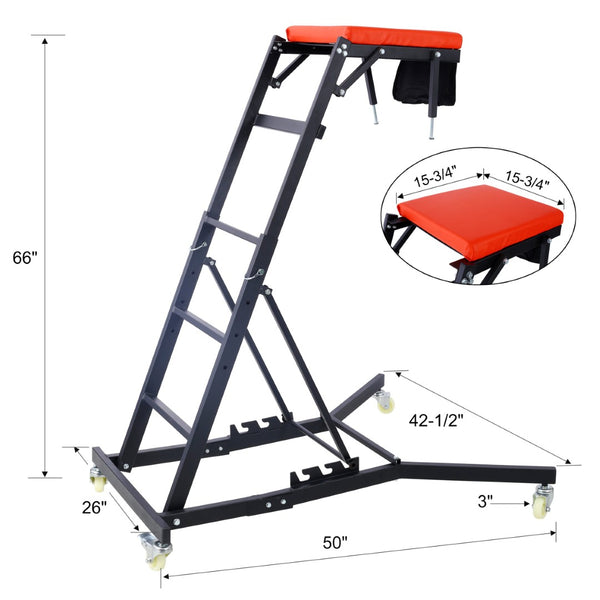 English Elm Top Adjustable Engine Creeper with Steel Frame Padded Deck and Lockable Casters for Garage W465P152333