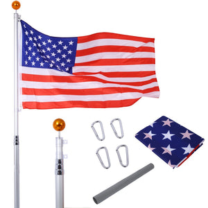English Elm 16ft Telescoping Aluminum Flagpole Kit with Rotating Clips Topper Ball and American Flag W465P153949