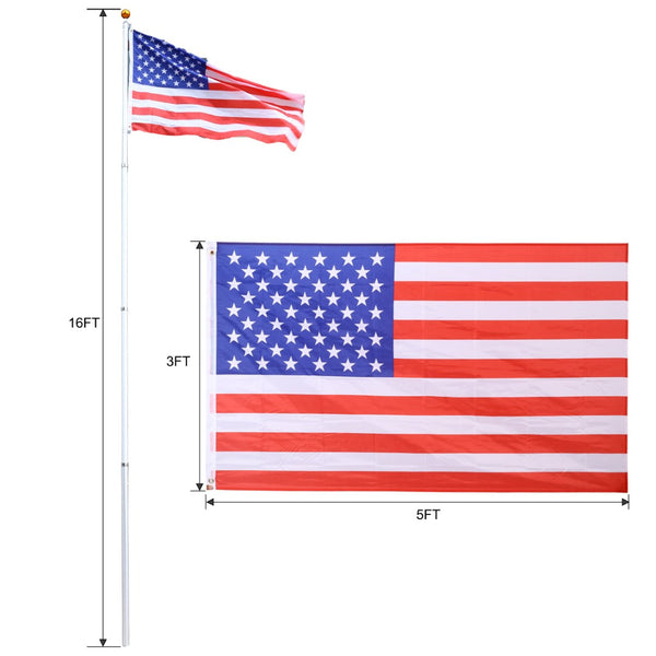 English Elm 16ft Telescoping Aluminum Flagpole Kit with Rotating Clips Topper Ball and American Flag W465P153949