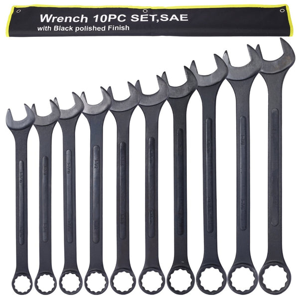 English Elm Sae Jumbo Combination Wrench Set 10 Piece Black Oxide Carbon Steel with Storage Pouch W465P154065
