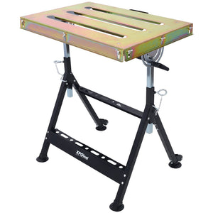 English Elm Welding Table Carbon Steel Adjustable Height Folding Workbench with Clamping Slots on Wheels W465P176028