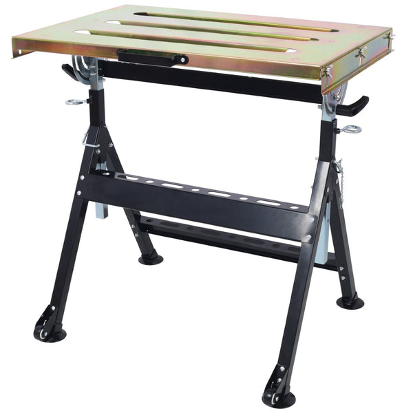 English Elm Welding Table Carbon Steel Adjustable Height Folding Workbench with Clamping Slots on Wheels W465P176028