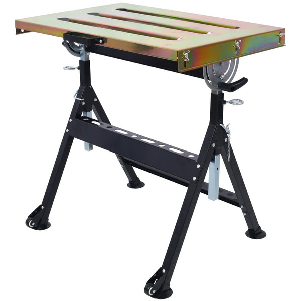 English Elm Welding Table Carbon Steel Adjustable Height Folding Workbench with Clamping Slots on Wheels W465P176028