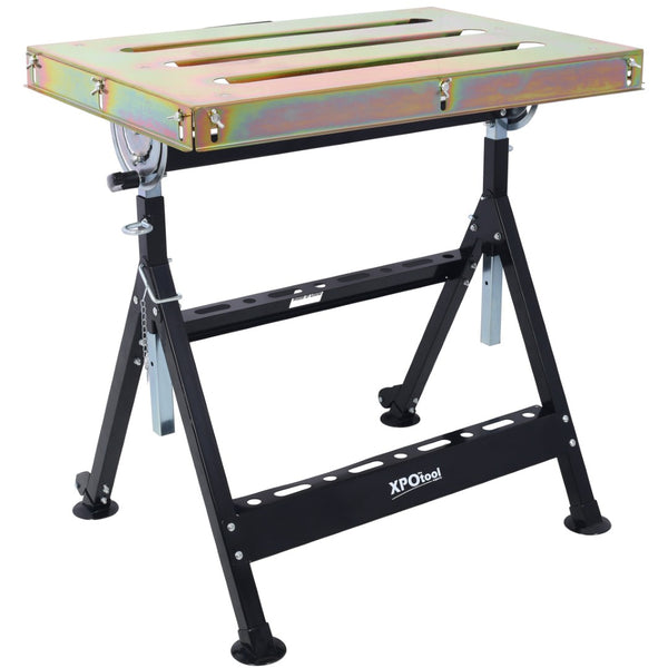 English Elm Welding Table Carbon Steel Adjustable Height Folding Workbench with Clamping Slots on Wheels W465P176028