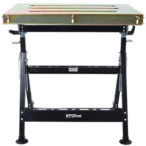 English Elm Welding Table Carbon Steel Adjustable Height Folding Workbench with Clamping Slots on Wheels W465P176028
