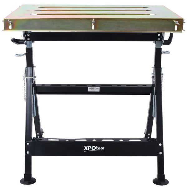English Elm Welding Table Carbon Steel Adjustable Height Folding Workbench with Clamping Slots on Wheels W465P176028