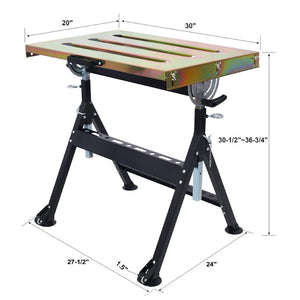 English Elm Welding Table Carbon Steel Adjustable Height Folding Workbench with Clamping Slots on Wheels W465P176028