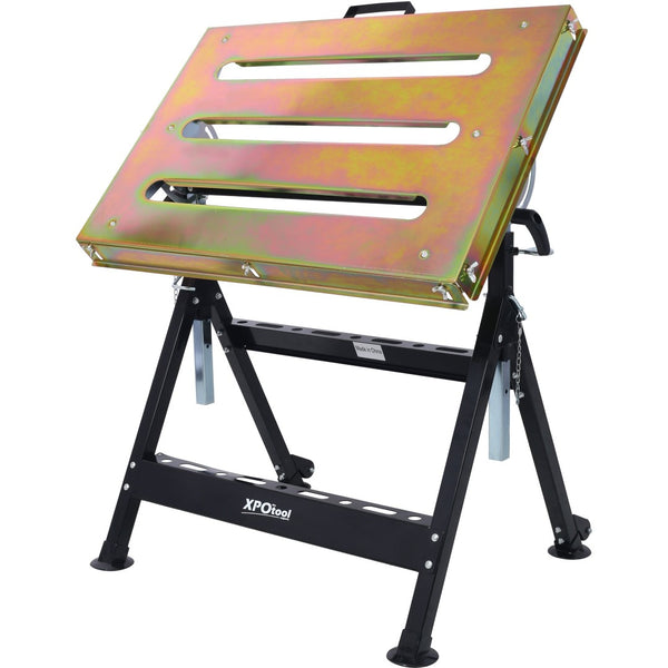 English Elm Welding Table Carbon Steel Adjustable Height Folding Workbench with Clamping Slots on Wheels W465P176028