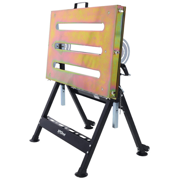 English Elm Welding Table Carbon Steel Adjustable Height Folding Workbench with Clamping Slots on Wheels W465P176028