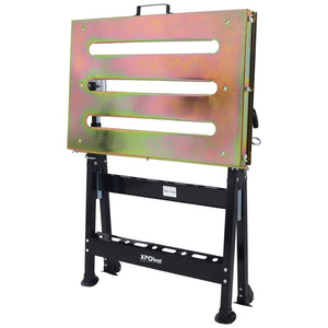 English Elm Welding Table Carbon Steel Adjustable Height Folding Workbench with Clamping Slots on Wheels W465P176028