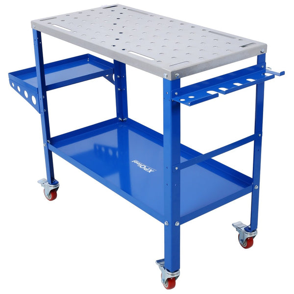 English Elm Welding Table Carbon Steel Work Bench with Fixture Holes Casters and Tool Slots W465P176039