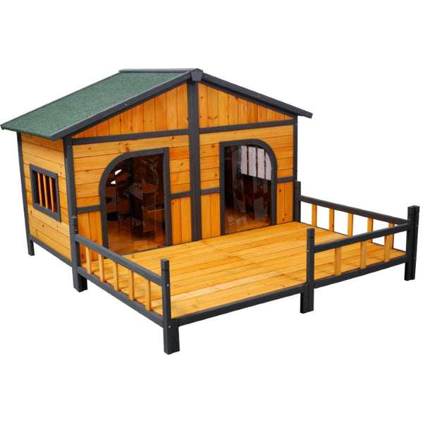 English Elm Wooden Double Compartment Dog Kennel Elevated Porch Weatherproof Shelter Two Pets W465P189954
