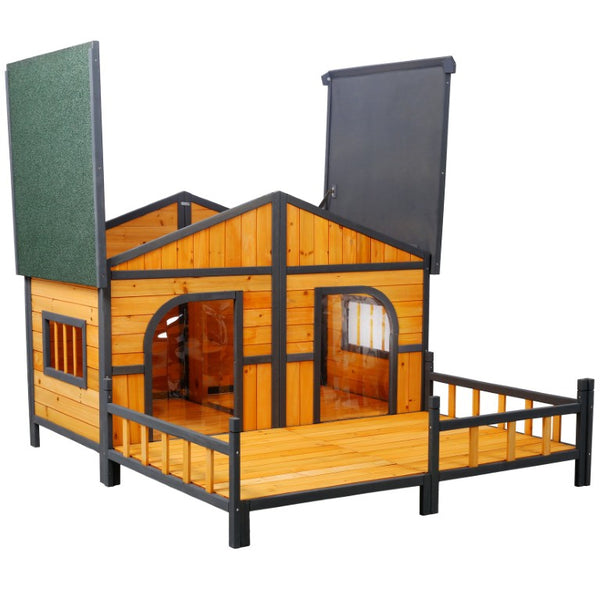 English Elm Wooden Double Compartment Dog Kennel Elevated Porch Weatherproof Shelter Two Pets W465P189954