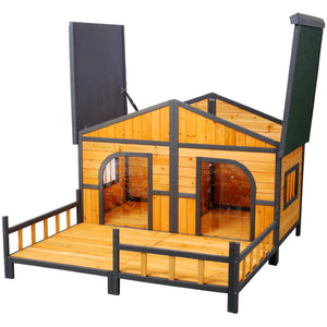 English Elm Wooden Double Compartment Dog Kennel Elevated Porch Weatherproof Shelter Two Pets W465P189954