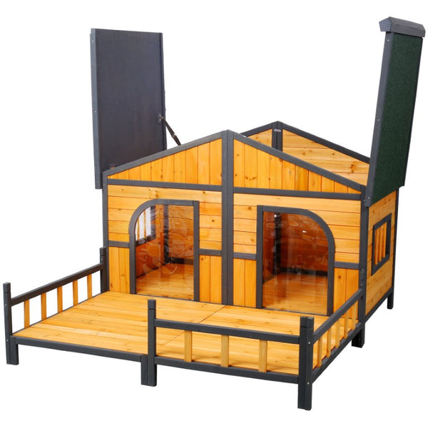 English Elm Wooden Double Compartment Dog Kennel Elevated Porch Weatherproof Shelter Two Pets W465P189954