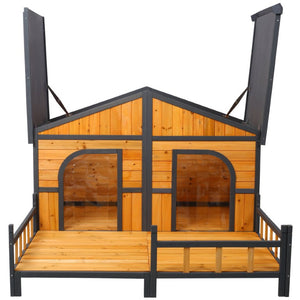 English Elm Wooden Double Compartment Dog Kennel Elevated Porch Weatherproof Shelter Two Pets W465P189954