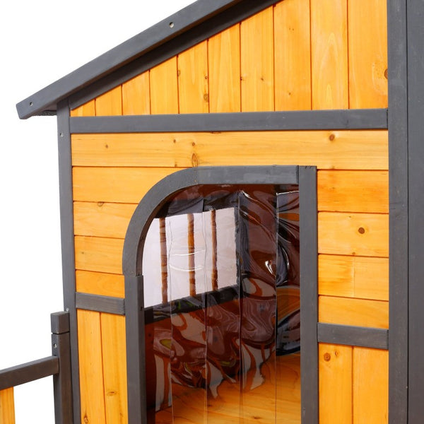 English Elm Wooden Double Compartment Dog Kennel Elevated Porch Weatherproof Shelter Two Pets W465P189954