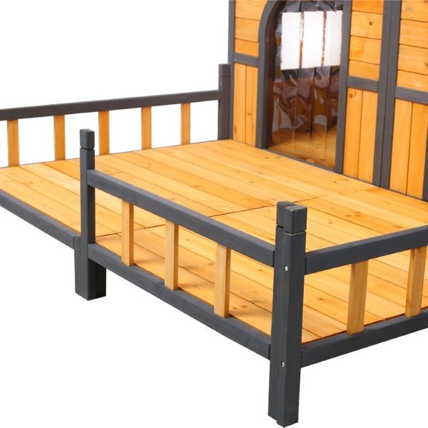English Elm Wooden Double Compartment Dog Kennel Elevated Porch Weatherproof Shelter Two Pets W465P189954