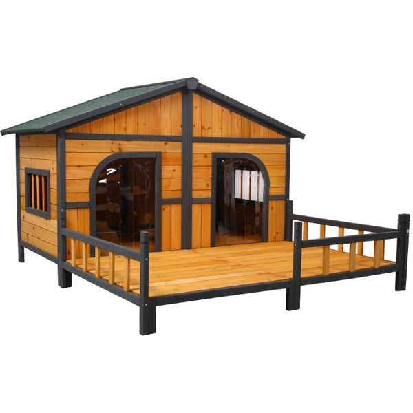 English Elm Wooden Double Compartment Dog Kennel Elevated Porch Weatherproof Shelter Two Pets W465P189954