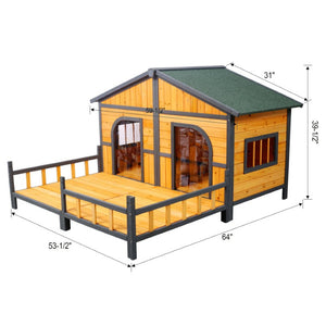 English Elm Wooden Double Compartment Dog Kennel Elevated Porch Weatherproof Shelter Two Pets W465P189954
