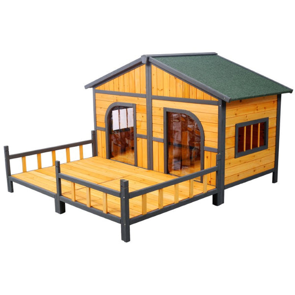 English Elm Wooden Double Compartment Dog Kennel Elevated Porch Weatherproof Shelter Two Pets W465P189954