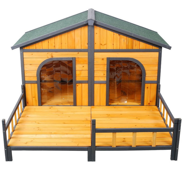 English Elm Wooden Double Compartment Dog Kennel Elevated Porch Weatherproof Shelter Two Pets W465P189954