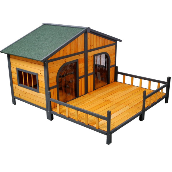 English Elm Wooden Double Compartment Dog Kennel Elevated Porch Weatherproof Shelter Two Pets W465P189954