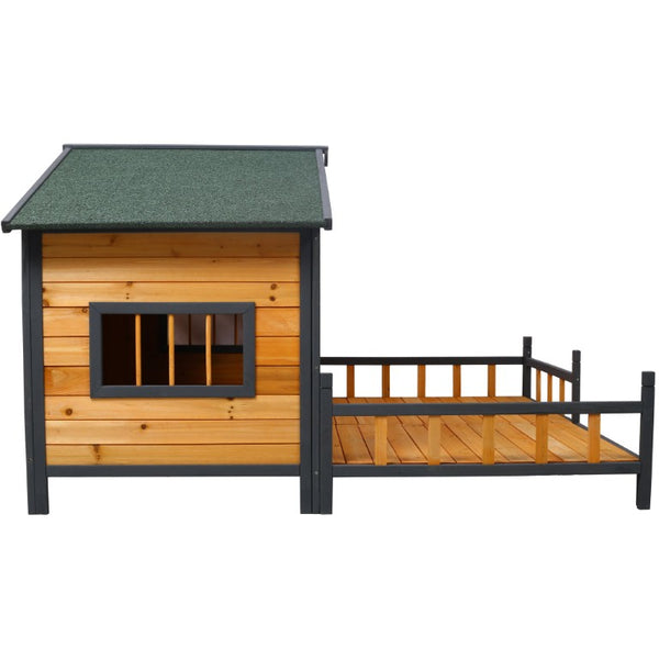 English Elm Wooden Double Compartment Dog Kennel Elevated Porch Weatherproof Shelter Two Pets W465P189954