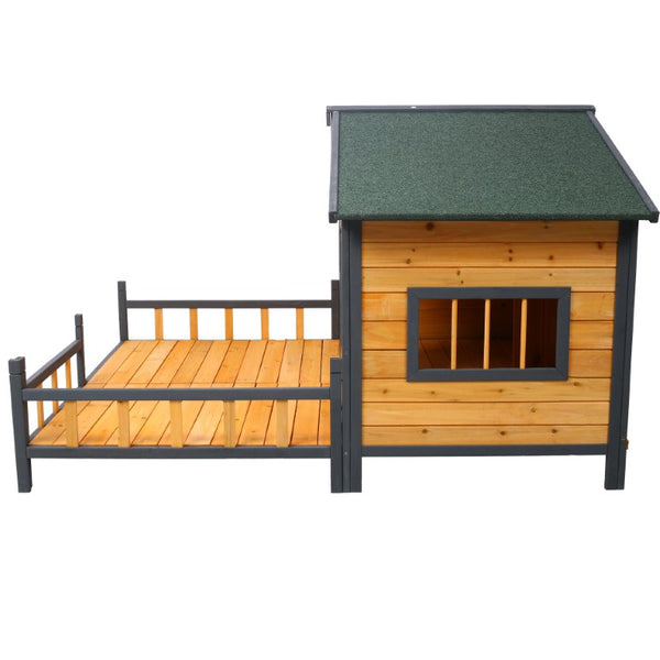English Elm Wooden Double Compartment Dog Kennel Elevated Porch Weatherproof Shelter Two Pets W465P189954