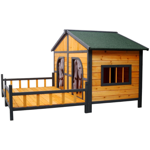 English Elm Wooden Double Compartment Dog Kennel Elevated Porch Weatherproof Shelter Two Pets W465P189954