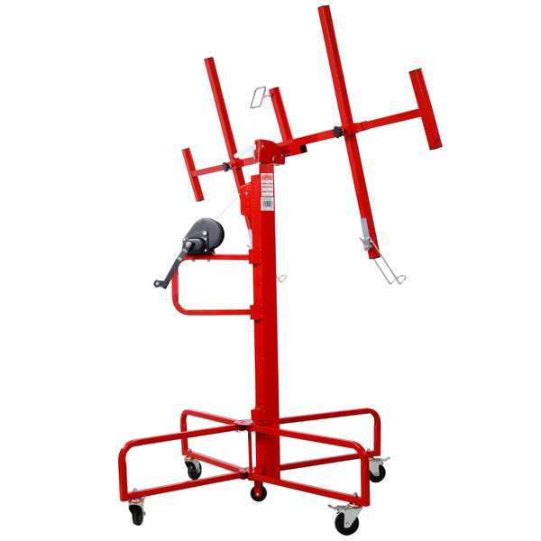 English Elm Drywall Panel Lift Hoist 13 Ft Solo Steel Cable Pulley System with Locking Casters Red W465P189984