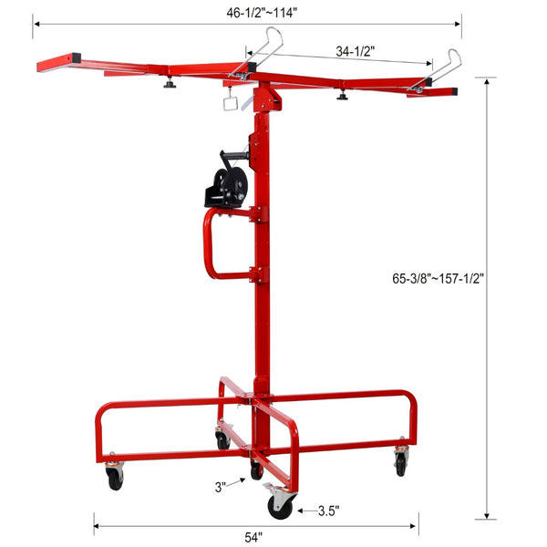 English Elm Drywall Panel Lift Hoist 13 Ft Solo Steel Cable Pulley System with Locking Casters Red W465P189984