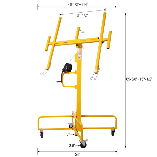 English Elm Drywall Panel Lift Hoist 13 Ft Solo Steel Cable Pulley System with Locking Casters Yellow W465P189988