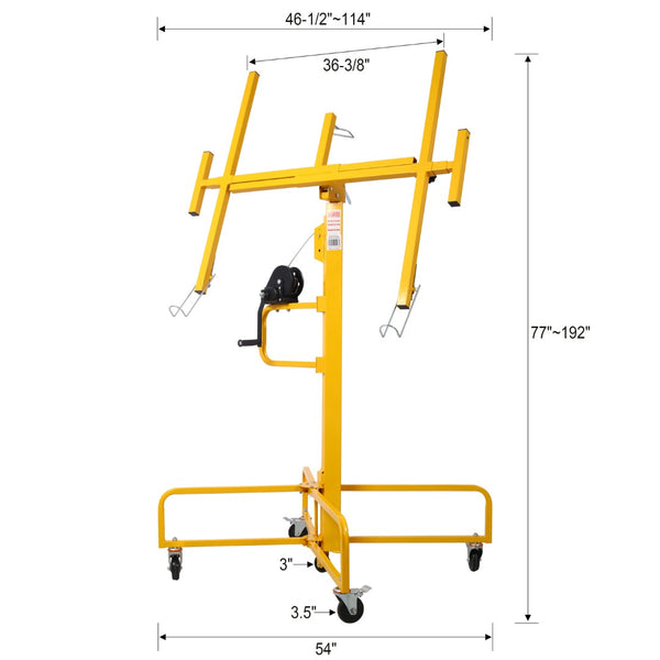 English Elm Drywall Lift Panel Hoist with Steel Frame Rolling Casters 16ft Ceiling Reach Solo Use Yellow W465P189996