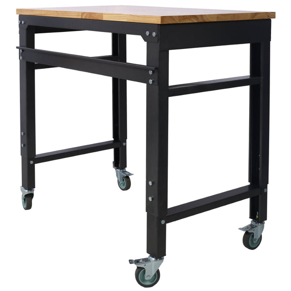 English Elm Workbench Rolling Garage Workshop with Rubberwood Top and Adjustable Steel Frame W465P190957
