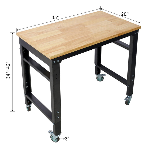 English Elm Workbench Rolling Garage Workshop with Rubberwood Top and Adjustable Steel Frame W465P190957