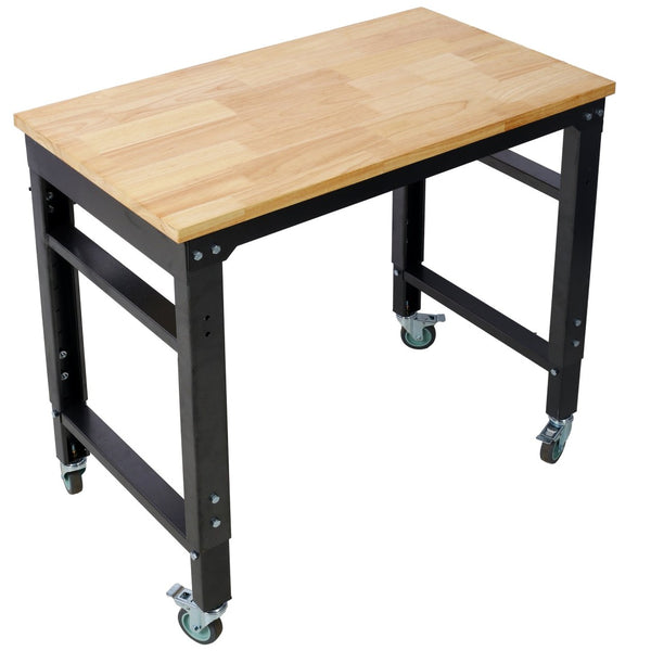 English Elm Workbench Rolling Garage Workshop with Rubberwood Top and Adjustable Steel Frame W465P190957