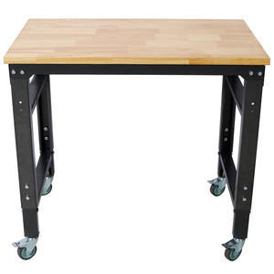 English Elm Workbench Rolling Garage Workshop with Rubberwood Top and Adjustable Steel Frame W465P190957