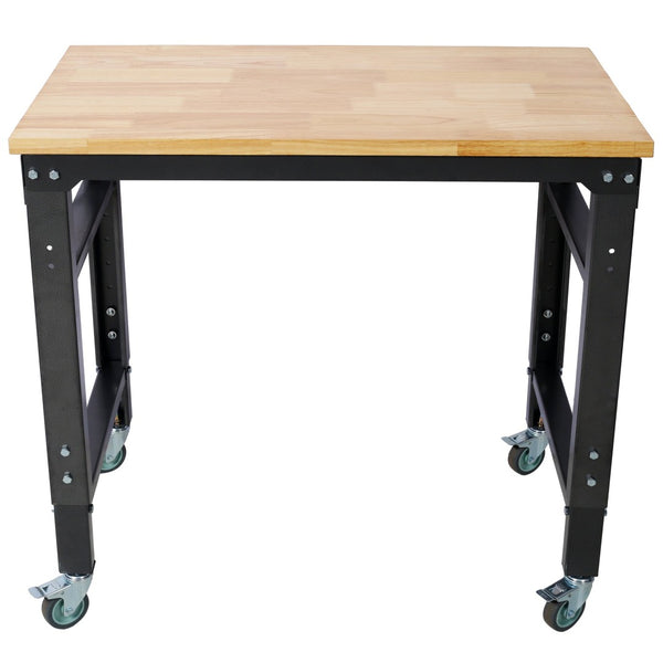 English Elm Workbench Rolling Garage Workshop with Rubberwood Top and Adjustable Steel Frame W465P190957