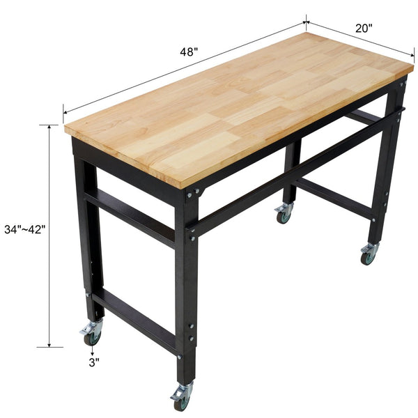 English Elm Workbench 48 Inch Rolling Butcher Block Top Steel Garage Workshop with Locking Casters W465P191424
