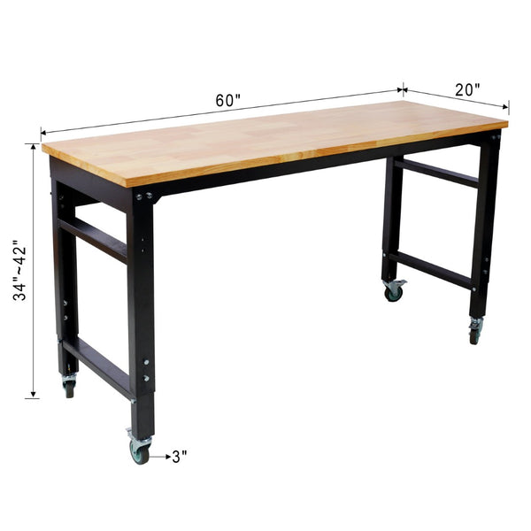 English Elm Workbench 60 Inch Rolling Garage Station with Rubberwood Top and Adjustable Steel Frame W465P191442