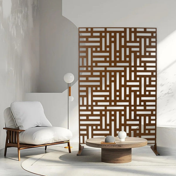 English Elm Outdoor Freestanding Metal Privacy Screen Geometric Cutout Panel for Patio or Garden Brown PS103 W465P193195