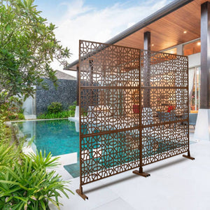 English Elm Outdoor Freestanding Metal Privacy Screen Geometric Lattice Fence for Patio Balcony Brown W465P193213