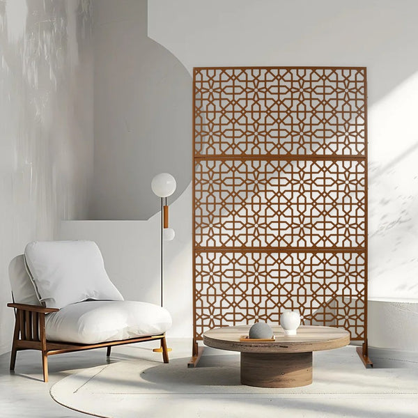 English Elm Outdoor Freestanding Metal Privacy Screen Geometric Lattice Fence for Patio Balcony Brown W465P193213