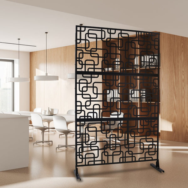 English Elm Outdoor Freestanding Geometric Metal Privacy Panel for Patio Balcony Deck Garden Black W465P193250