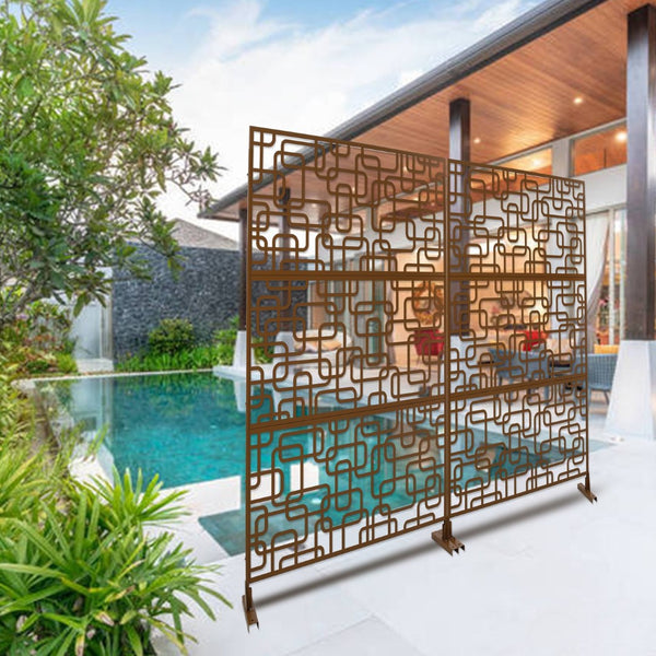 English Elm Outdoor Freestanding Geometric Metal Privacy Panel for Patio Balcony Deck Garden Brown W465P193254
