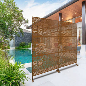 English Elm Outdoor Geometric Metal Privacy Screen Freestanding Sculptural Lattice Panel for Patio Brown W465P193272