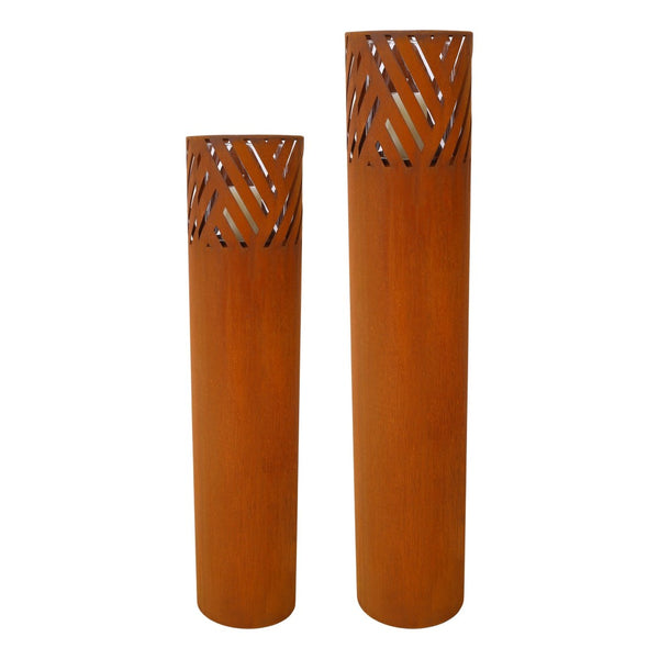 English Elm Lantern Column Set of 2 Oriental Cut-out Metal Pillar Candle Holders for Garden Entryway Rust W465P194209