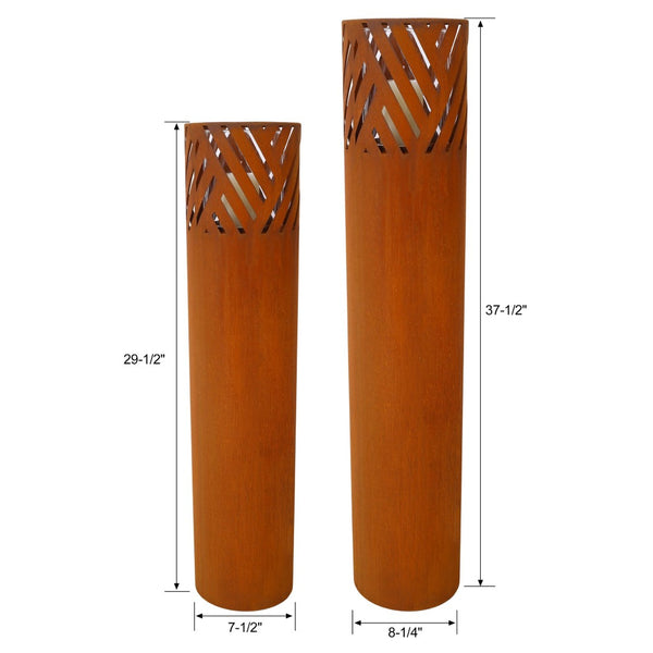 English Elm Lantern Column Set of 2 Oriental Cut-out Metal Pillar Candle Holders for Garden Entryway Rust W465P194209