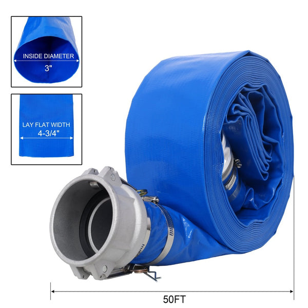 English Elm 3"x50ft Pool Backwash Lay Flat Pvc Hose Heavy Duty Camlock Fittings Discharge W465P203282